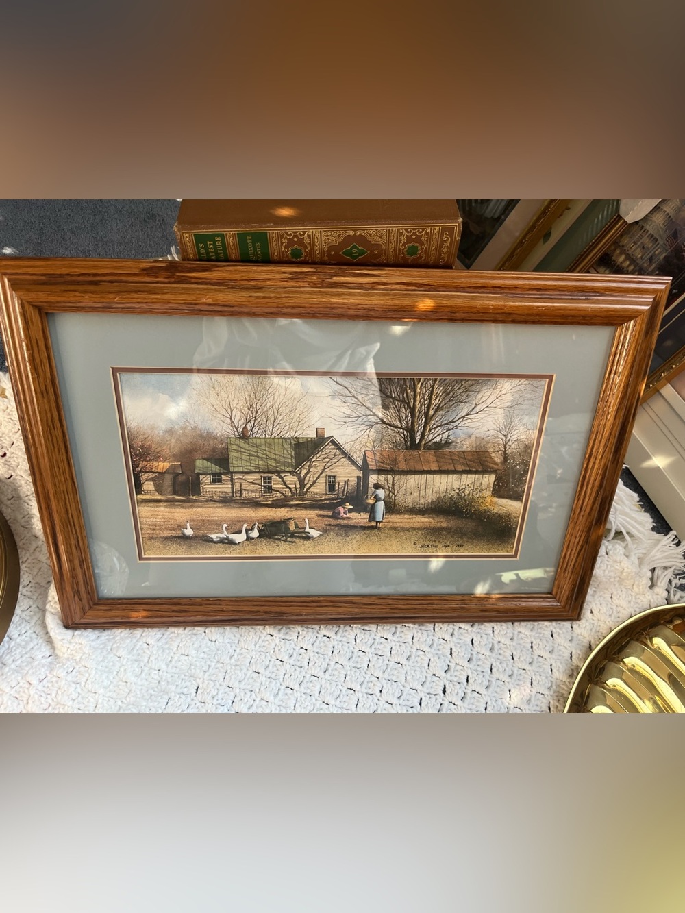 Framed Rural Farm Scene Print in Brown and Green -